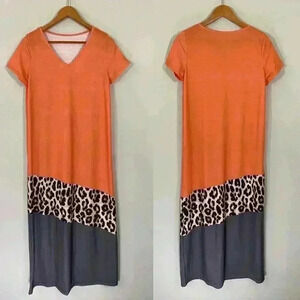 Orange and brown v-neck short sleeve maxi dress